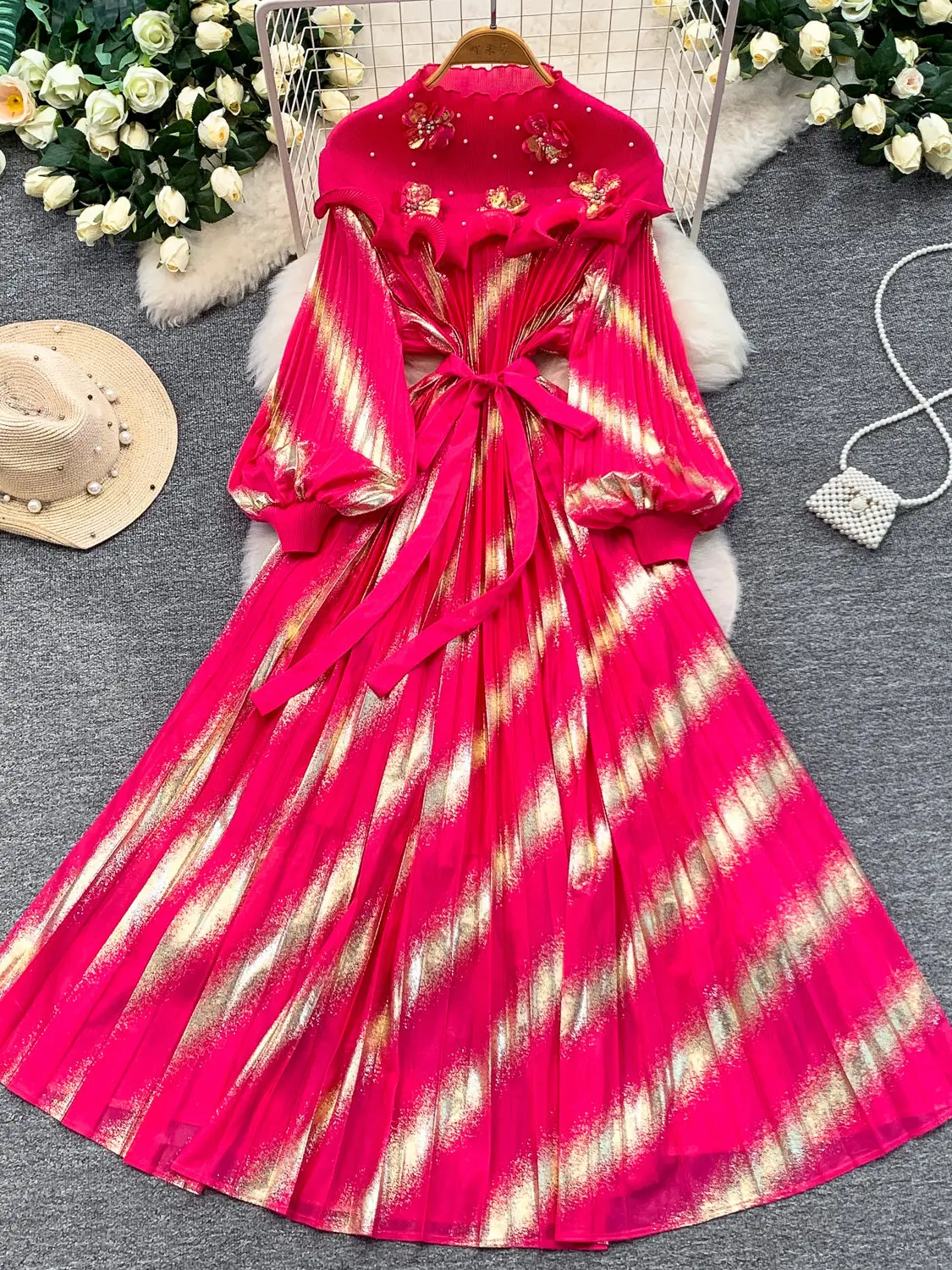 

Изысканное женское платье в европейско-американском стиле с 3D-цветами, оборками и плиссировкой, с золотой фольгой, элегантное длинное платье-шаль класса люкс