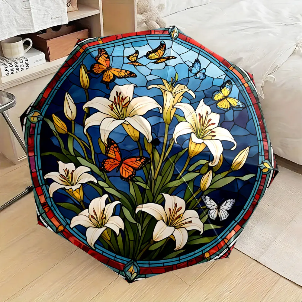 "Stained Glass Style Lily Flowers and Butterflies Pattern" Compact Fashion Folding Umbrella for Daily Use, Christmas Gift