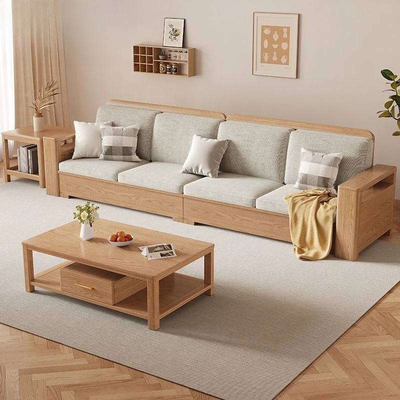 Chinese solid wood sofa ash wood color log combination fabric sofa simple small apartment solid wood straight row sofa