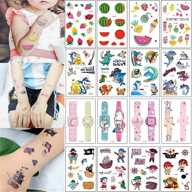 15Sheets Children Waterproof Tattoo Sticker Sea Animal Fuit Watermelon Pirate Elephant Cartoon Tattoo Adhesive for Kids Arm Face