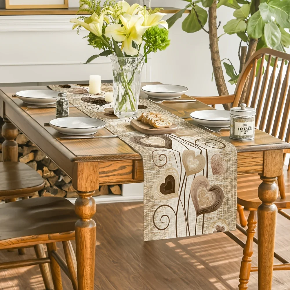 1pc Rustic Heart Swirl Table Runner Warm Neutral Tone Farmhouse Dining Table Decor for Kitchen Dining Room Home
