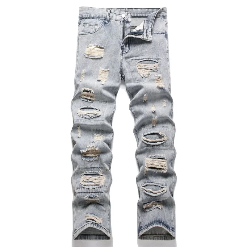 European and American Men's Jeans Hip-hop Ripped Patch Cat Whisker Casual Trend Slim Trendy Men's Jeans