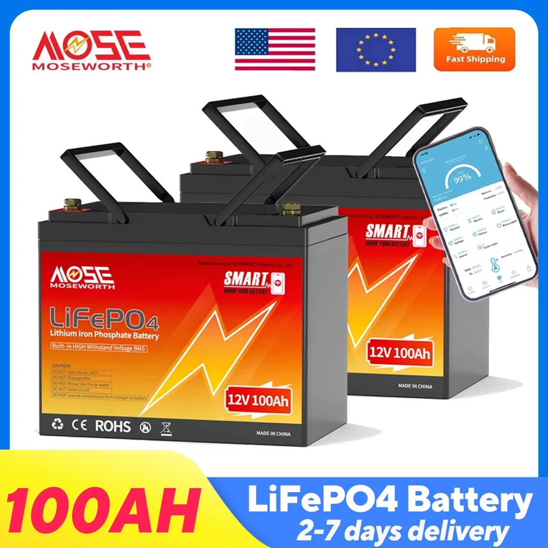 

MOSEWORTH 2 шт. 100 Ач 12 В литиевая батарея LiFePO4 с глубокими циклами Bluetooth 100A BMS для солнечной лодки RV, морской лодки, железо-фосфат
