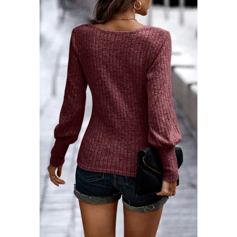 Women's Vertical-Ribbed Long-Sleeve Knit For Top with U-Neck Ideal for Beach Holiday or Light Outdoor Activity