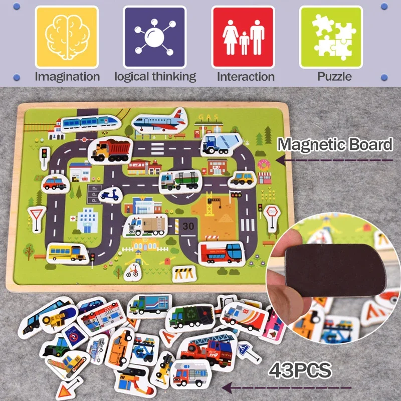 خشبية الأطفال المغناطيسي لغز الحيوان مشاهد المركبات المرورية لعبة ثلاثية الأبعاد بانوراما لعب الاطفال هدايا التعلم التعليمية المبكرة #3