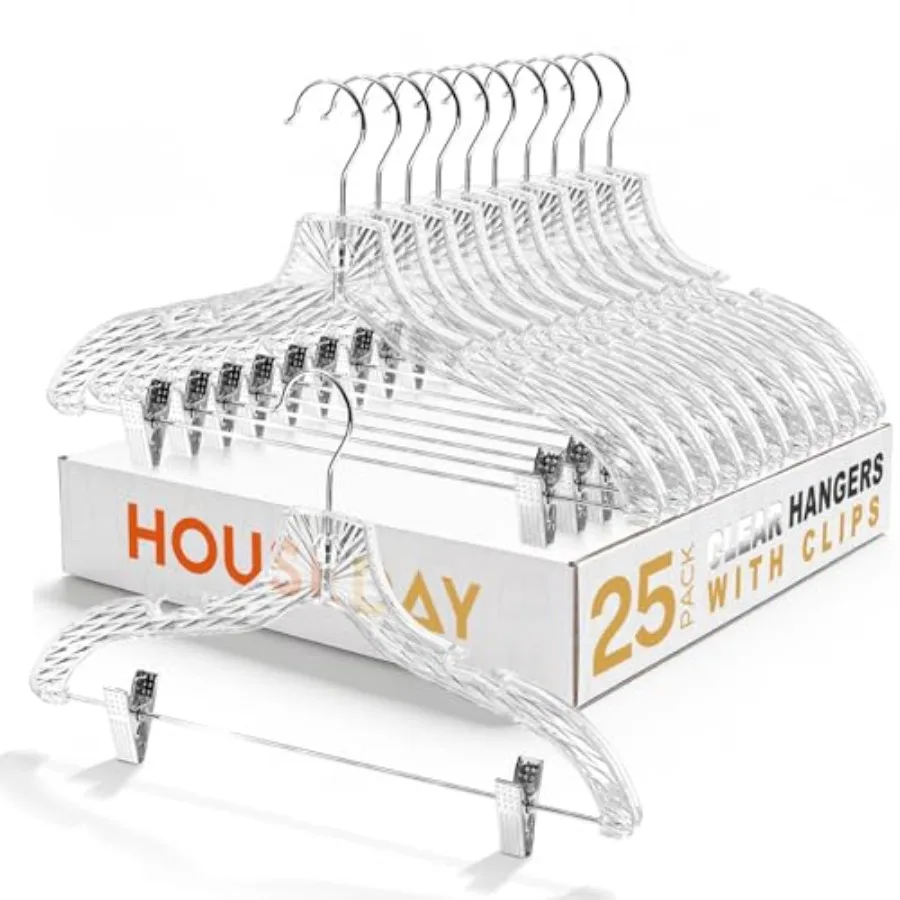 

Прозрачные пластиковые вешалки для брюк, 25 штук в наборе, для верхней и нижней одежды, нескользящие вешалки для юбок с регулируемыми зажимами и выемками для плеч, вращение на 360°