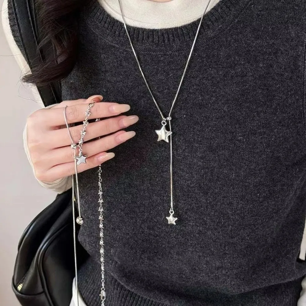 Silver Star Pendant Necklace Asymmetrical Design Long Length Sweater Chain Necklace Tassel Detail Pendant Style