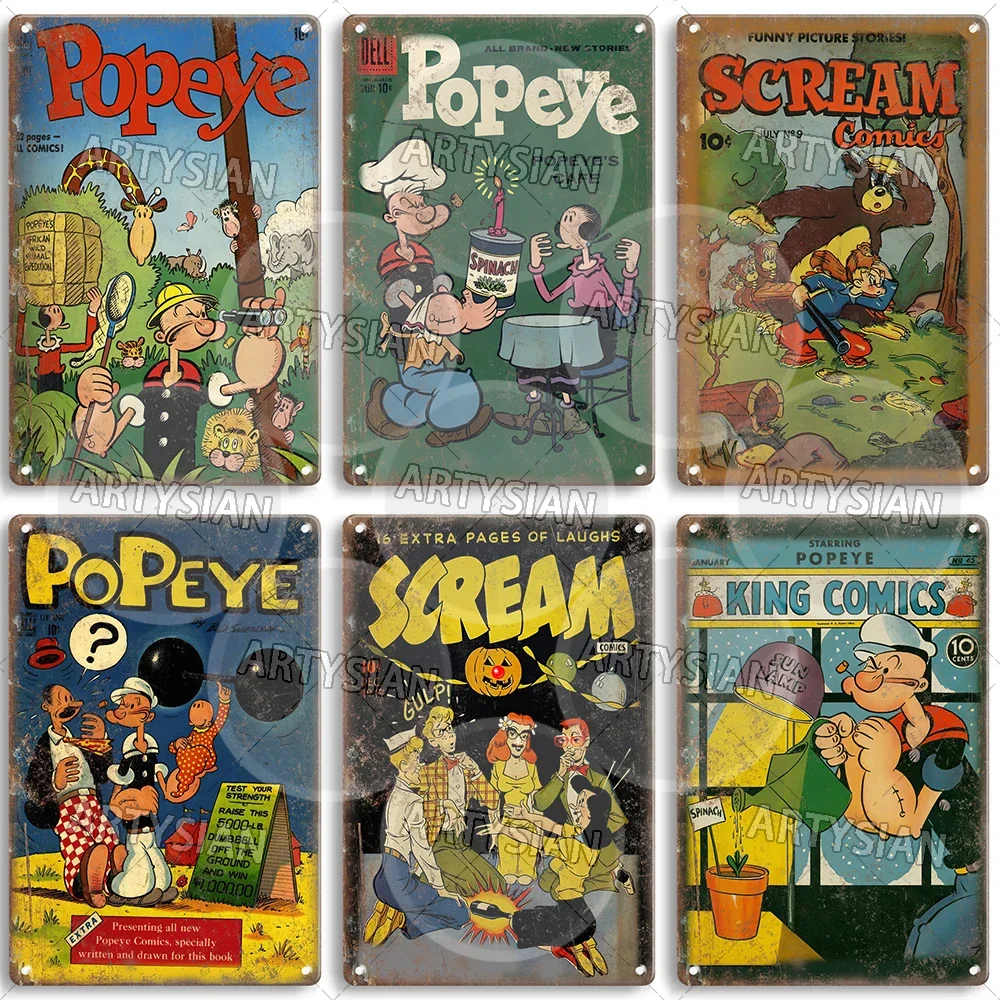 Vintage Comic Metal Sign Popeye Scream Comics Metal Plaque Popeye the Sailor What! No Spinach Cupid\'s Arrows Zap Bugs