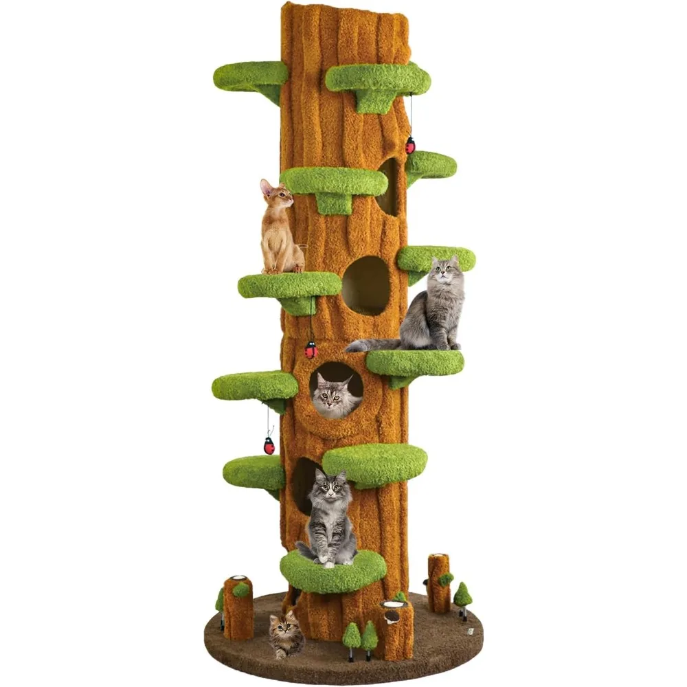 

90.5'' Luxury Cat Tree for Indoor Cats, All-in-One Tall Cat Tower with Scratching Post, Multi-Level Cat House, Solid Wood Cat Co