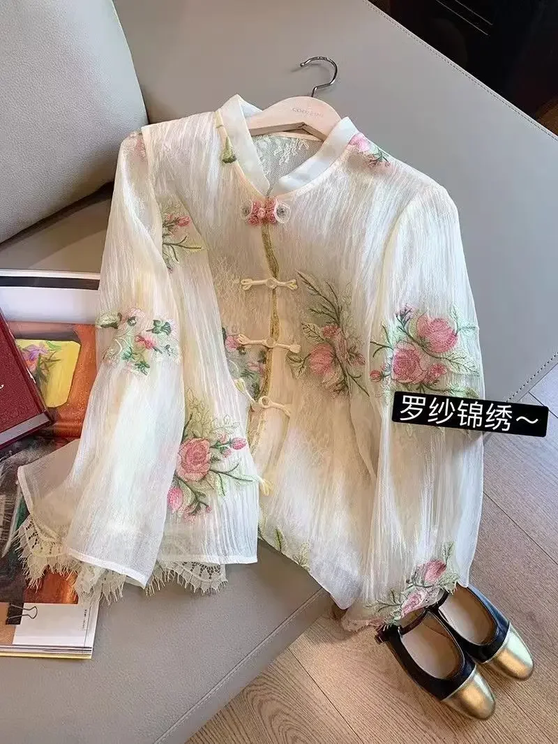 Flower Embroidery Chic Lace Splicing Tangsuit Button Shirts Women Jackets New Chinese Cheongsam Hanfu Vintage Coats Summer 2025