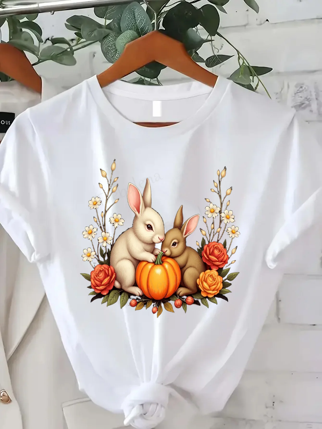

Comfortable Women's Print T-shirt Cute Bunny Pumpkin Floral Print T-Shirt for Women Fall Season Style