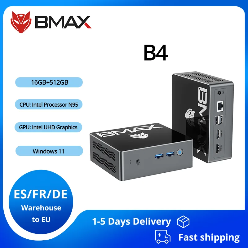 BMAX Mini B4 Barebone Mini PC Procesor Intel N95 Grafika UHD 16 GB 512 GB SSD Dual Band Wi-Fi Bluetooth 4.2 2.4 GHz/5 GHz
