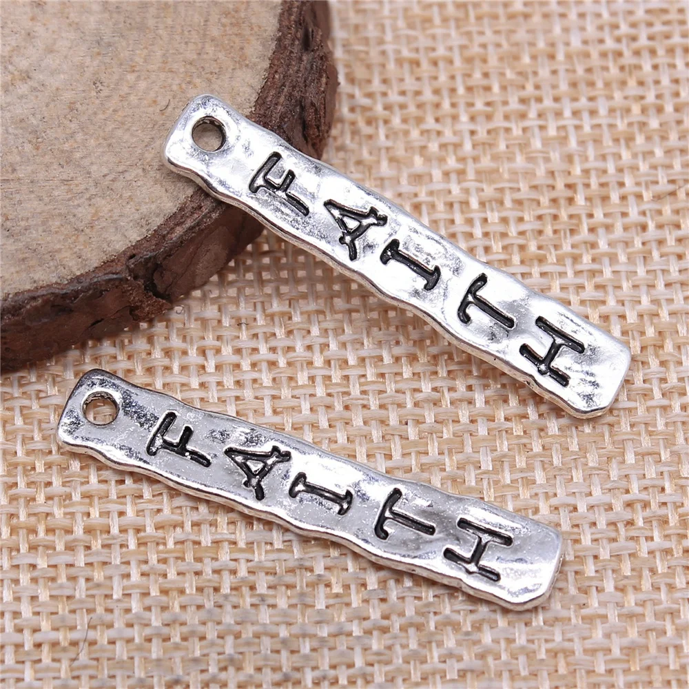 

Wholesale 100pcs/bag 39x7mm Faith Plates Charms Wholesale Antique Silver Color Pendant Charms Wholesale Jewelry Findings