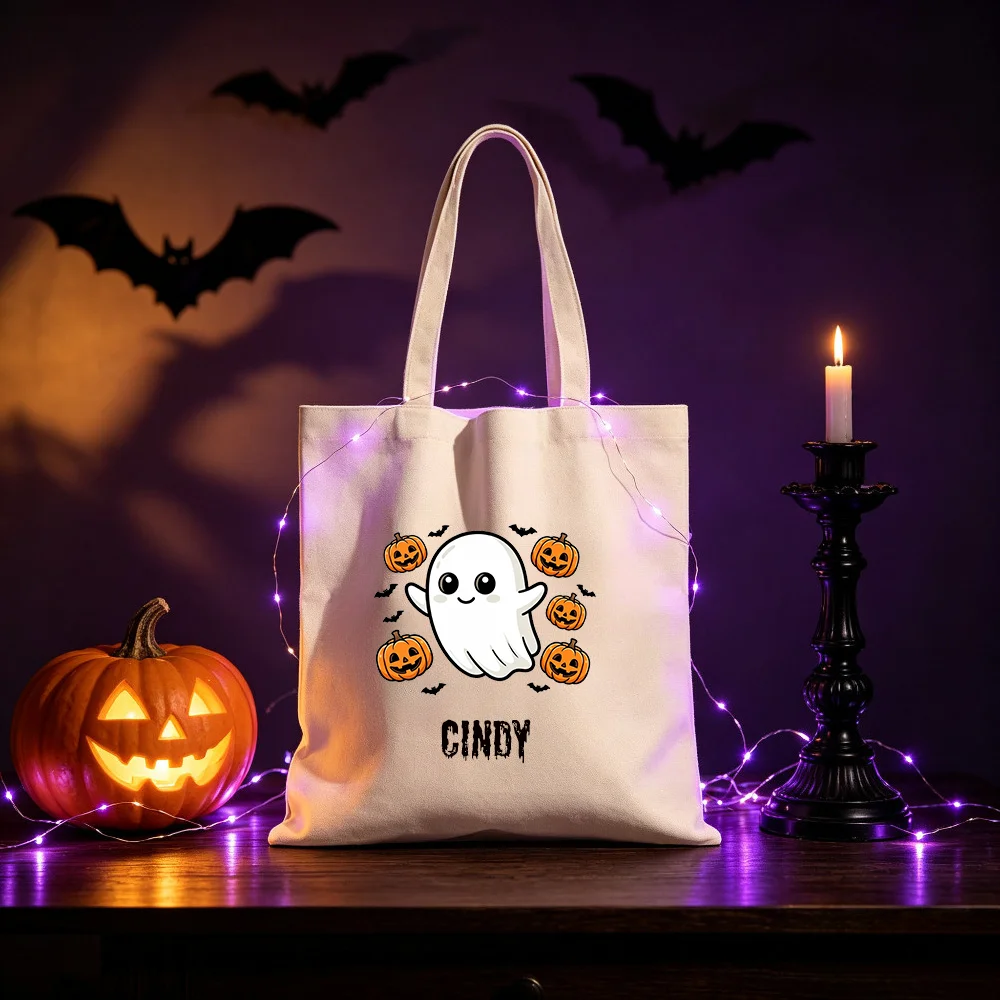 Personalized Customization Name Halloween Canvas Handbag, Cute Ghost Pumpkin Bat Pattern Candy Bag, Holiday Party Gift.