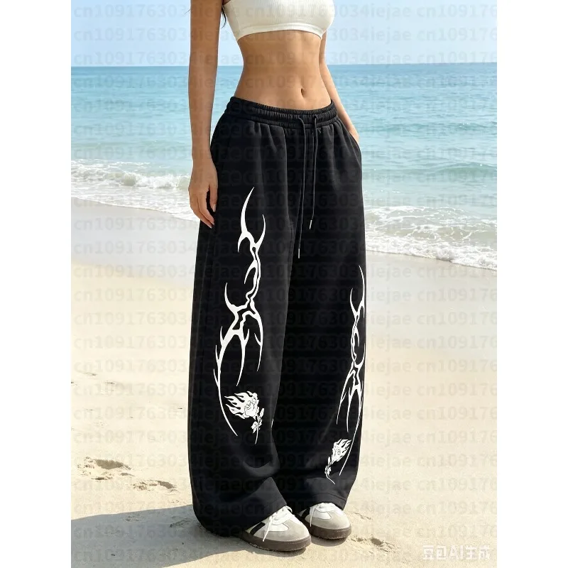 Women's Kid Street Style Casual Sweatpants with Punk Thorn Rose Print New Arrivals for Spring Fleece Loose Streetwear Oversized