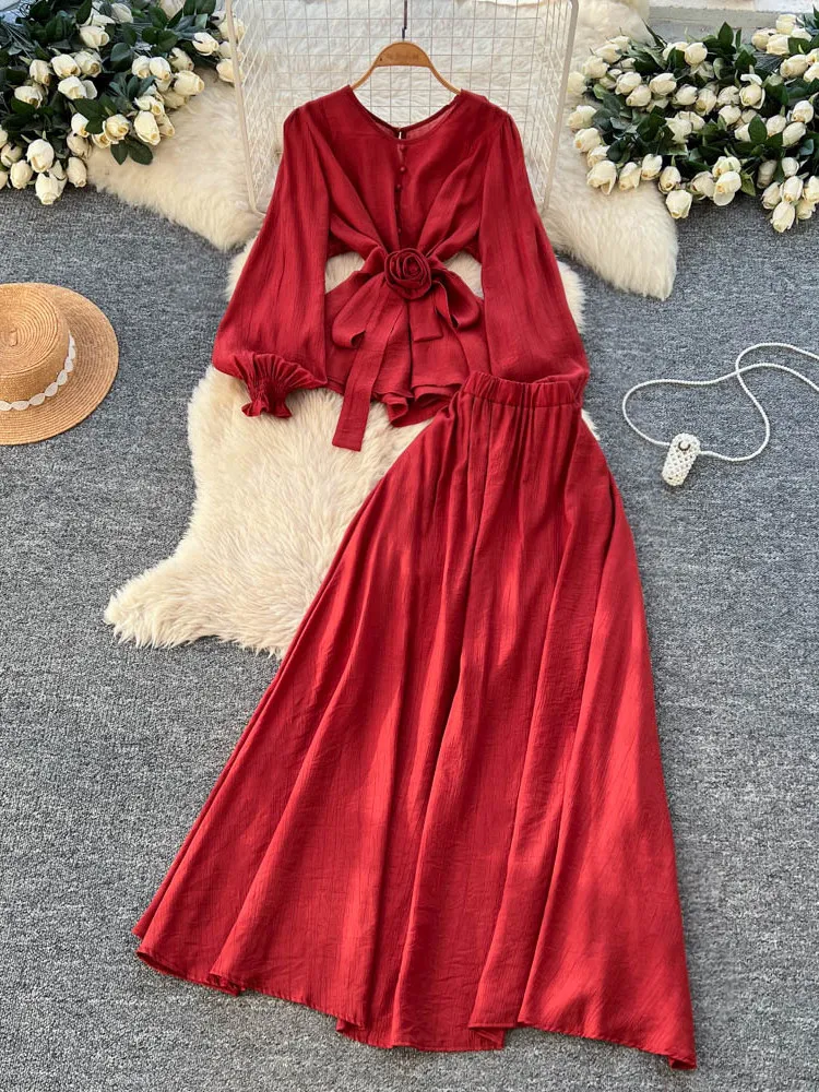 

Elegant Casual Full Lantern Sleeve Solid T-shirt+Elastic Waist A-line Skirt 2-Piece Set for Women's Spring and Autumn Woman