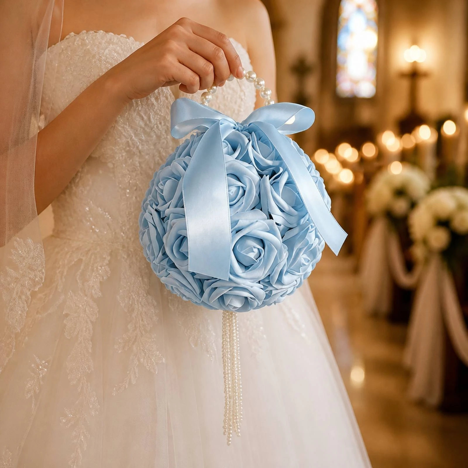 Spherical Silk Rose Bridal Bouquet Lifelike Bridal Bouquet with Pearl Beaded Handle Portable Keepsake for Brides