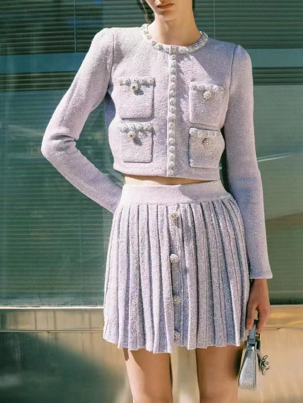 Women Sequin Rhinestone Knitted Set O-Neck Long Sleeve Single Breasted Cardigan or Elastic Waist A-Line Pleated Mini Skirt