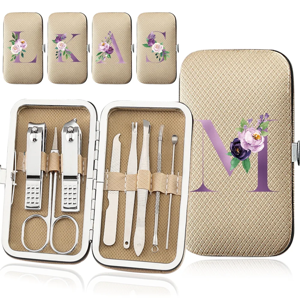 

8Pcs Nail Cutter Set Stainless Steel Nail Clippers Kit Manicure Tools Organizer Case Professional Pedicure Purple Letter Pattern