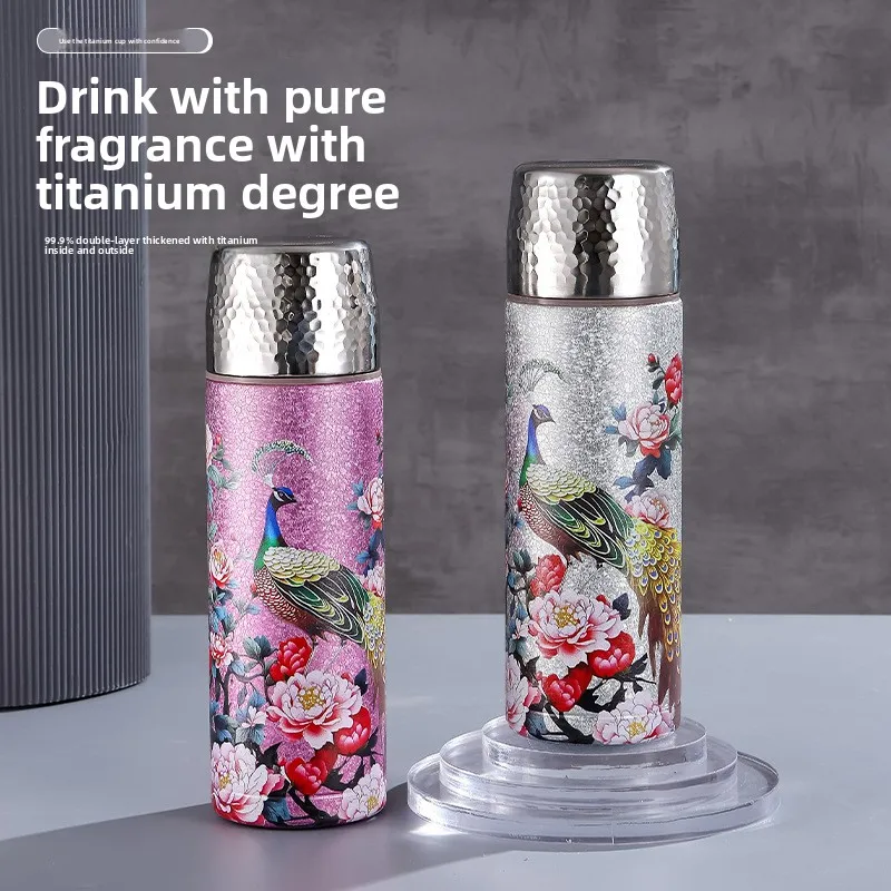 500ML New Guochao Peacock Titanium Coated Thermos Cup Vacuum Flasks Tea Separation Tea Cup High Value  Water Bottles  Mugs Gift