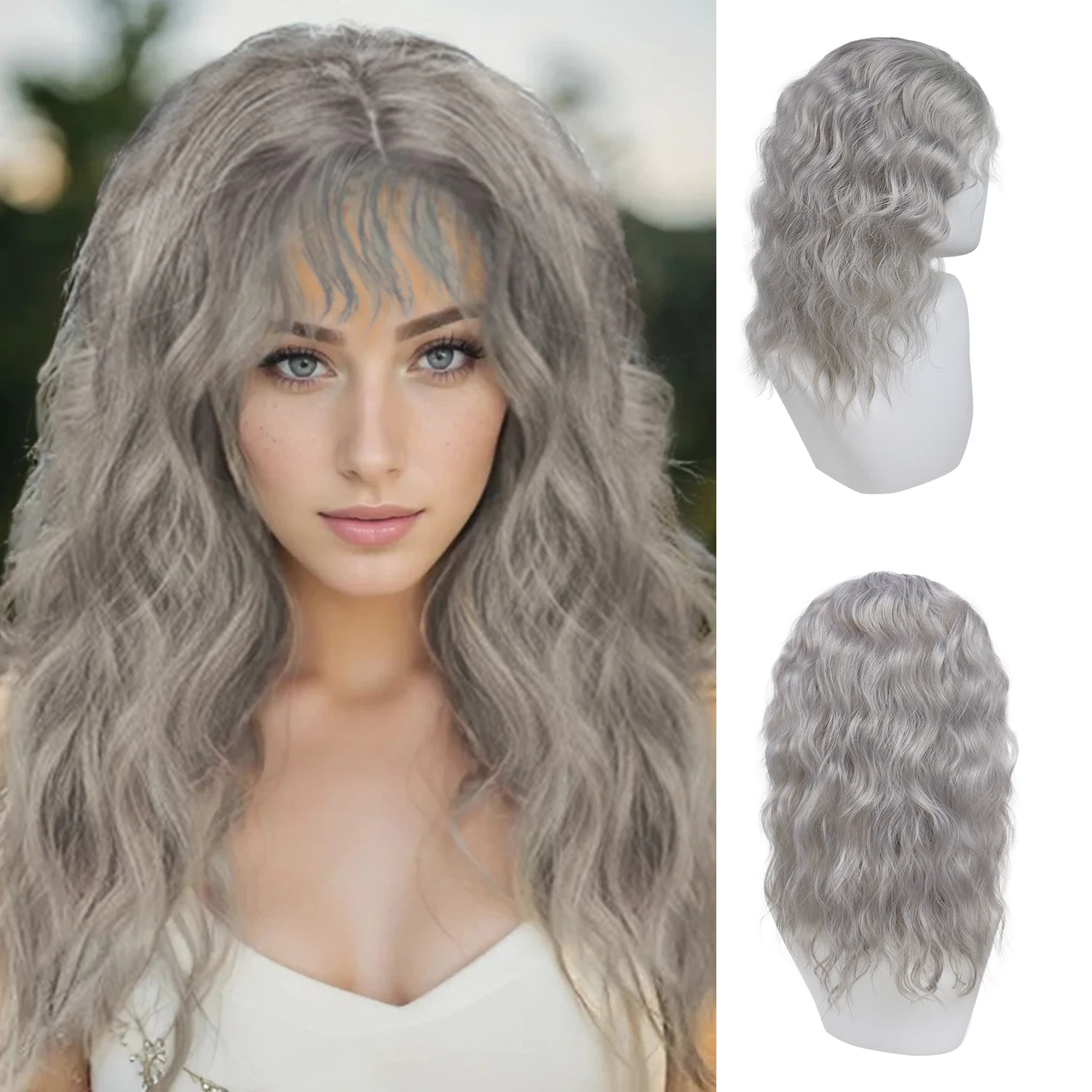 

Synthetic Grey 20 Inch Long Wavy Wigs for Women and Men Fluffy 80s Hair Cosplay Wig with Bangs Daily Halloween Heat Resistant