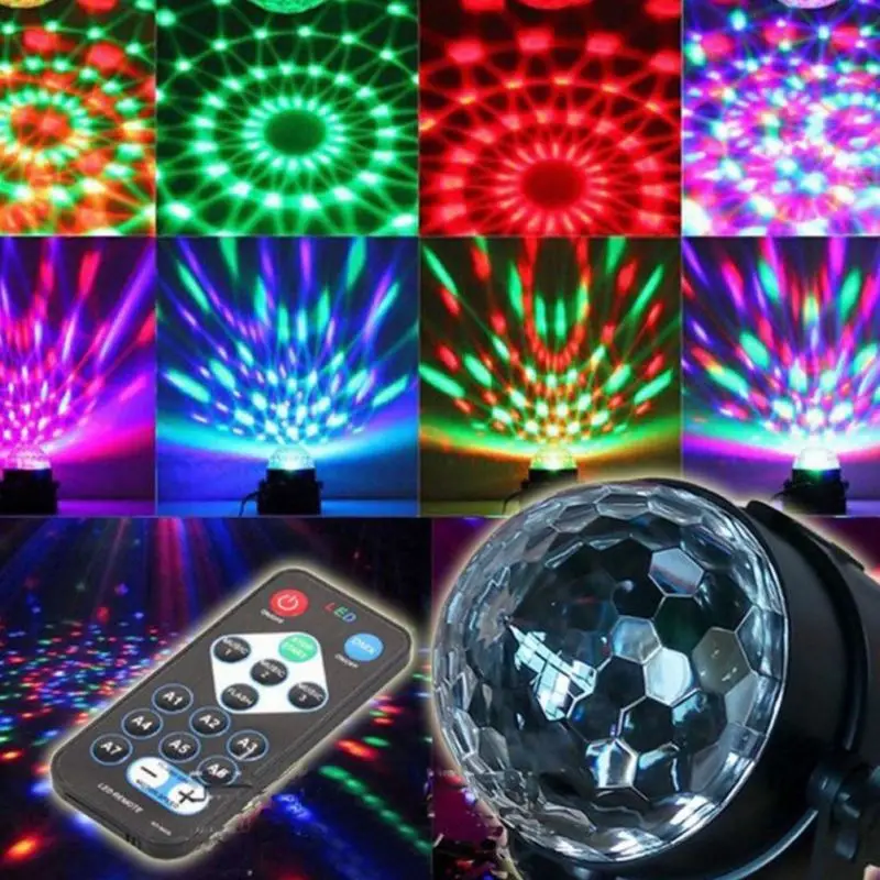 리모컨으로 제어되는 사운드 활성화 RGB 디스코 LED 무대 조명 7가지 모드 회전 크리스탈 파티 바 클럽 축제 DJ용