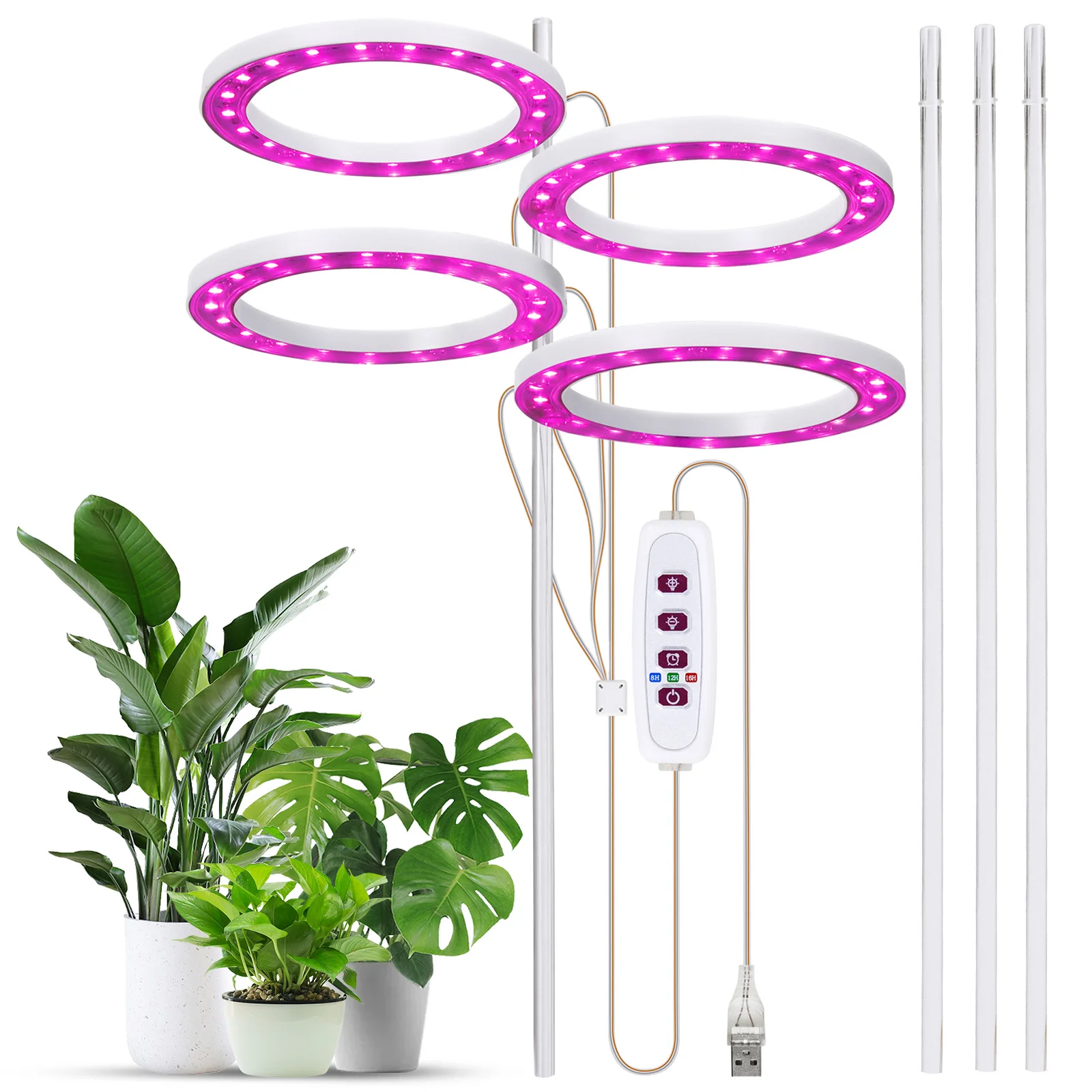 Lampes de culture pour plantes d'intérieur, 3 têtes, 4.8W, 34,5 strada, 60LED, minuterie, USB 625, luminosité variable, succulentes, éclairage bonsaï