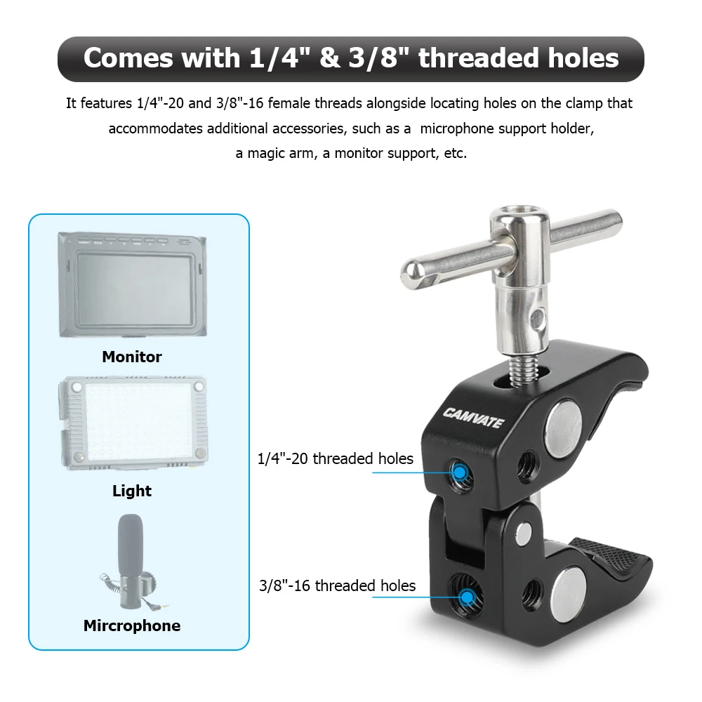 CAMVATE مشبك فائق مع خيط 1/4 بوصة و3/8 بوصة وقوة احتكاك قابلة للتعديل ذراع سحري لأضواء كاميرا المراقبة