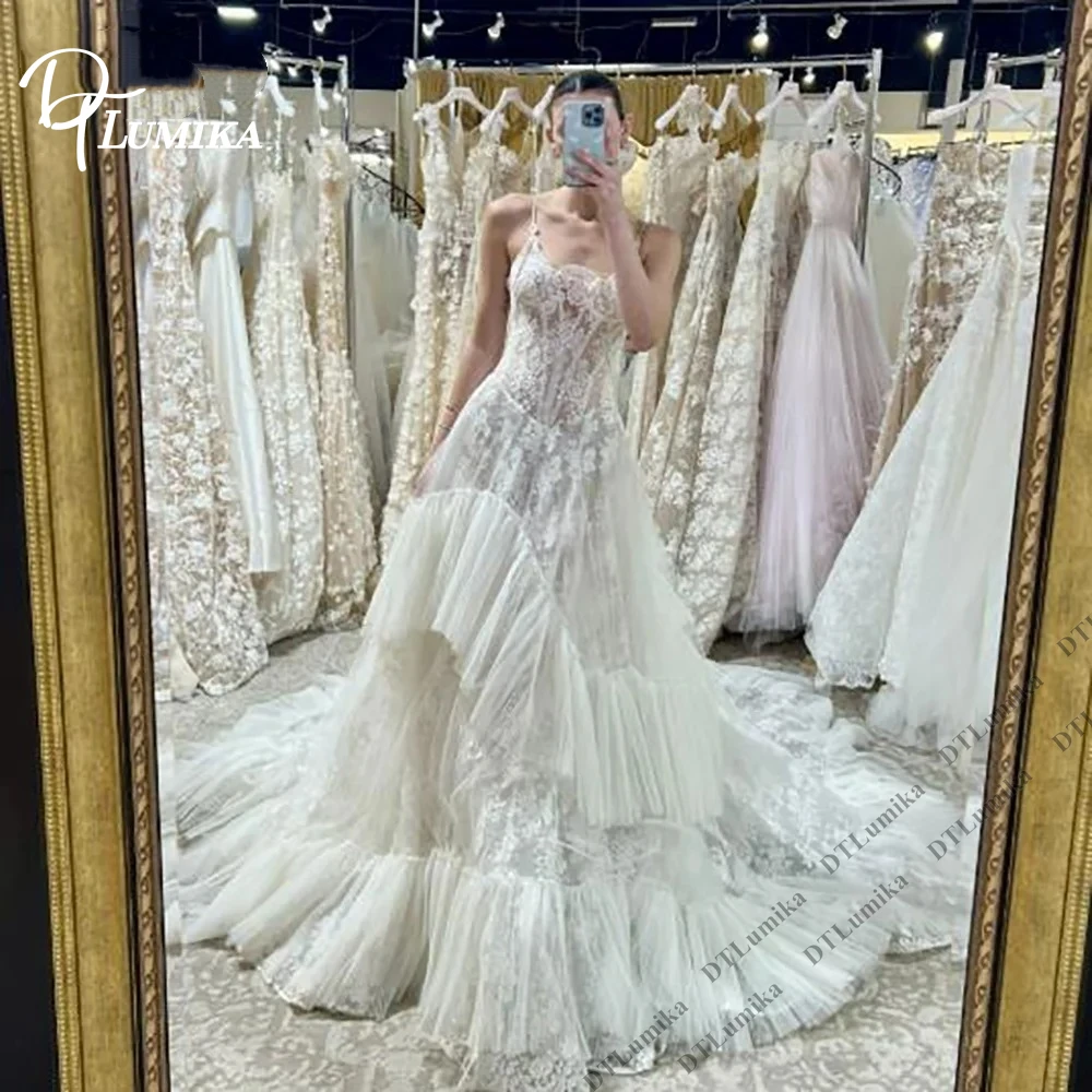 DTLumika Unique Design Urban Wedding Dress for Women, Spaghetti Straps A Line Long Train Bridal Gown Customized Lace Bridal Gown