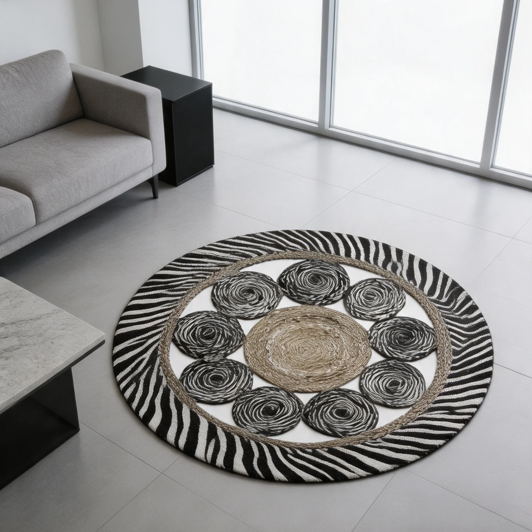 Zebra Straw Rug Animal Print Round Felt NonSlip Carpet For Living Room Bedroom Bedside Boho Safari Texture Modern Floor Mat