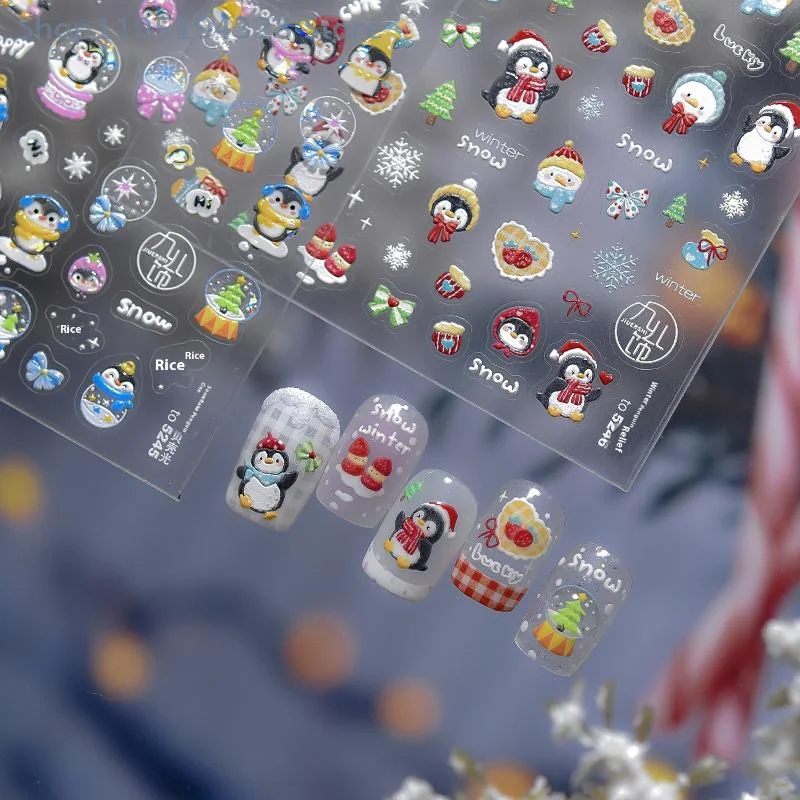 [MP] 1 ورقة لطيف كريستال الكرة الدانتيل قبعة حمراء نجمة القوس ندفة الثلج البطريق شجرة عيد الميلاد مسمار الفن ملصقات