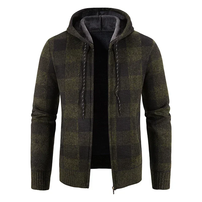 Men's New Plaid Jacket Hooded Sweater Autumn and Winter Basic Fleece Thickened Warm Wool Fashion Casual Clothing Cold Coat