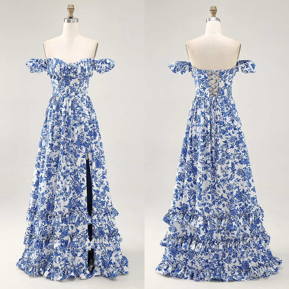 

High Quality Customized Sweetheart Off Shoulder Floor Length Tiered High Fork Elegant Dress Women for Wedding Party فستان احمر