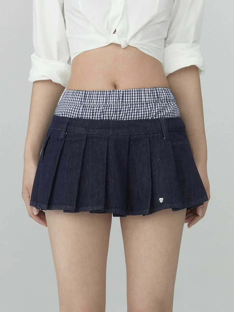

Wedhub Women's Denim Skirt High Waist Pleated Korean Sle Summer Collection Cotton Polyester Blend ort Skirt