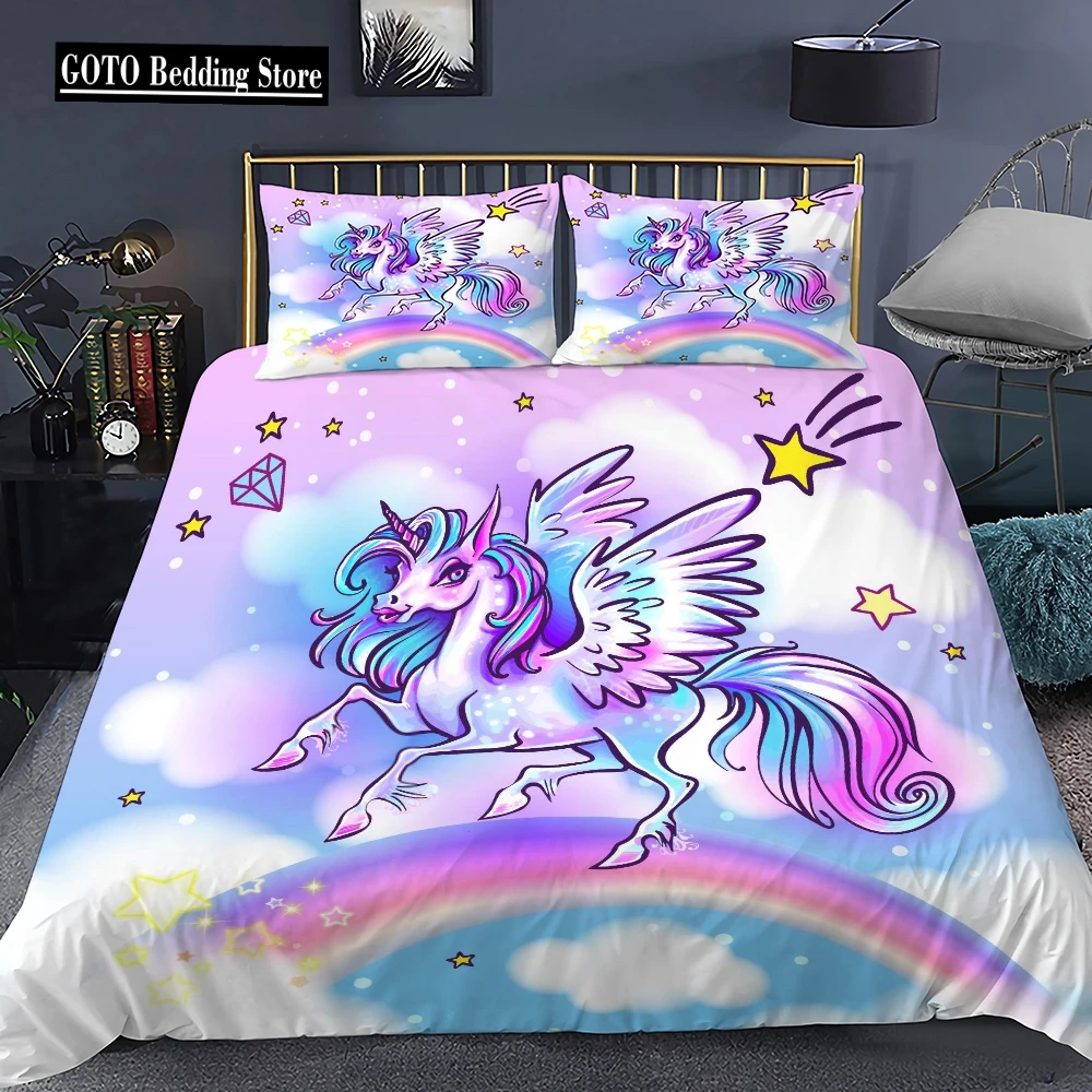 

Unicorn Duvet Cover Purple Pink Cartoon Dream Comforter Cover Set Women Stars Rainbow Rhinestone Bedding Set for Teenage Girls