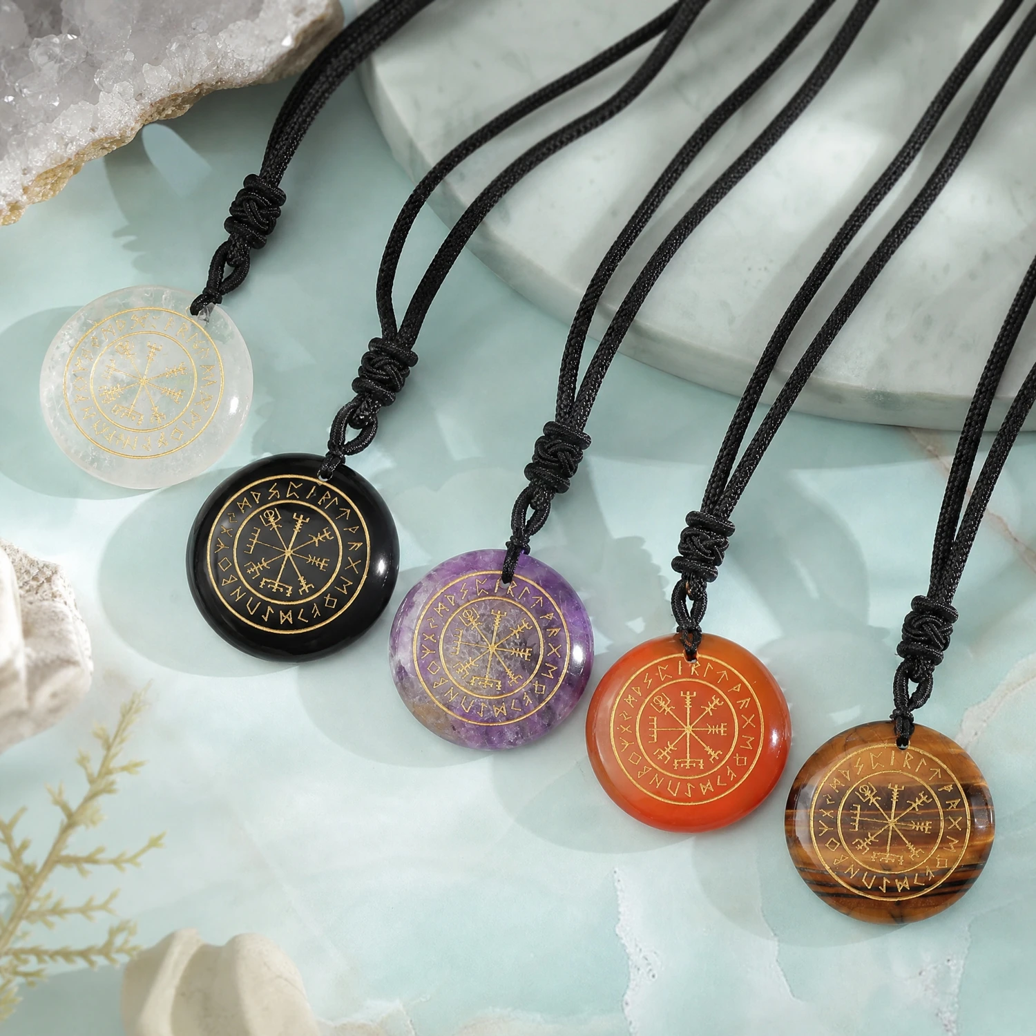 Natural Crystal Quartz Mysterious Nordic Goethe Futhark Runes Viking Compass Vegvisir Reiki Energy Pendant Necklace For Jewelry