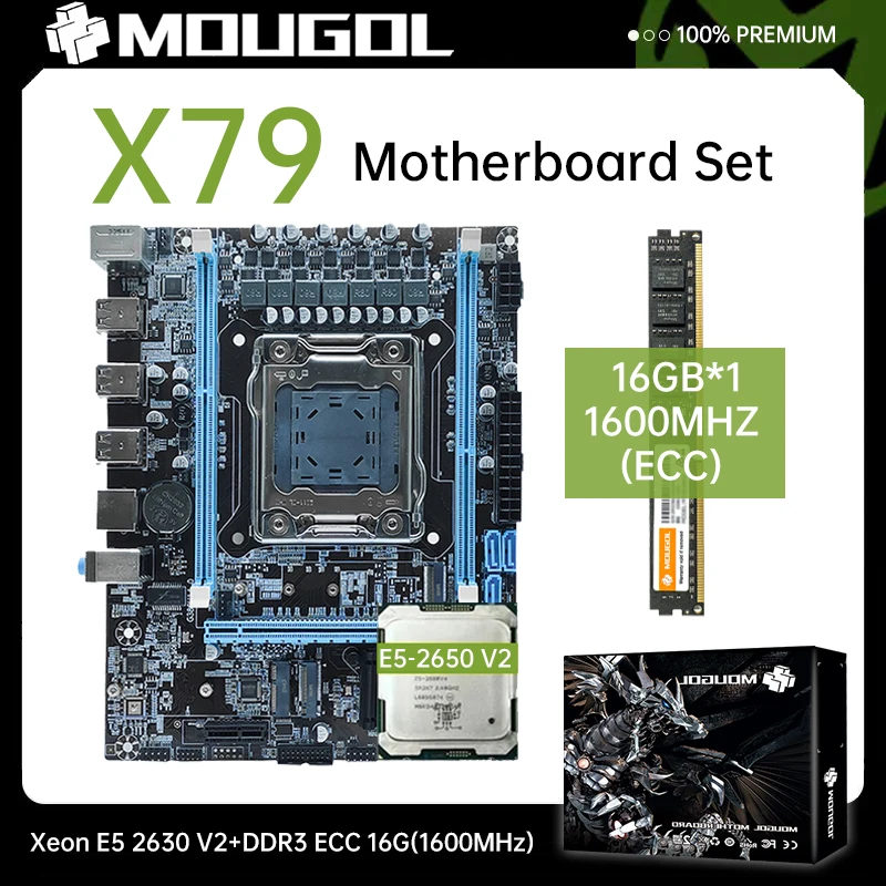 

MOUGOL Original X79 Motherboard Set Kit With Intel LGA2011 Xeon E5 2630 V2 CPU DDR3 1*16GB 1600MHZ ECC RAM Memory NVME M.2 SATA