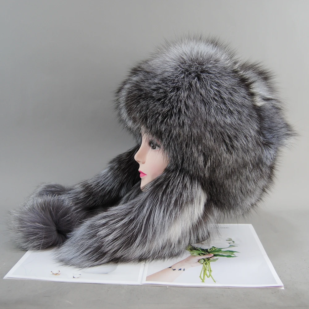 Women Winter Warm Fluffy Stylish Female Tail Cap Fashion Real Fur Hats Natural Fox Fur Russian Aviation Hat with Ears Ushanka