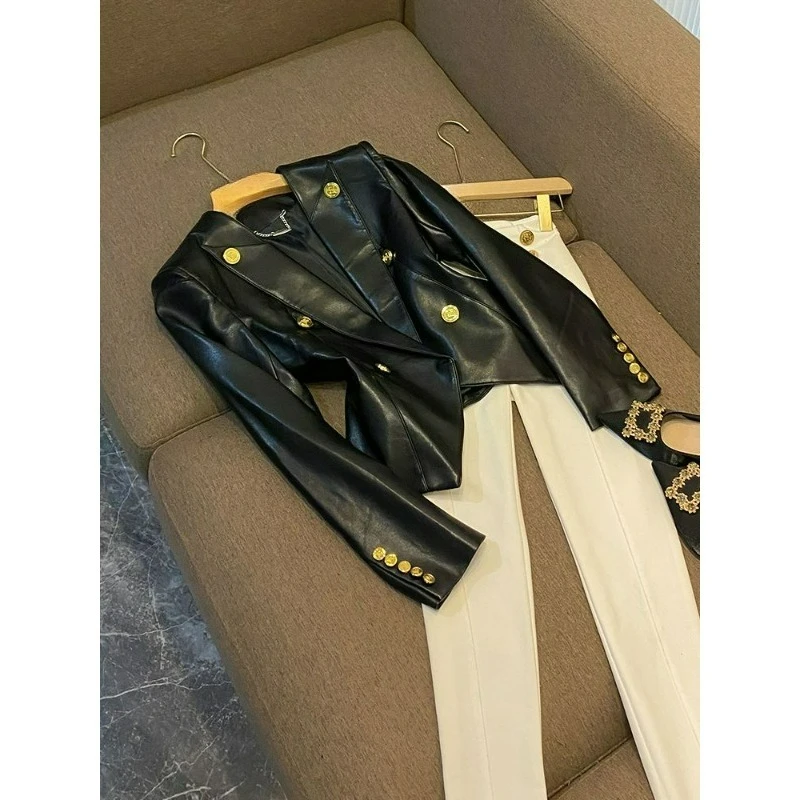 

Пальто модное осеннее новое женское черное металлическое двубортное облегающее несмываемый красивый топ без воротника куртка