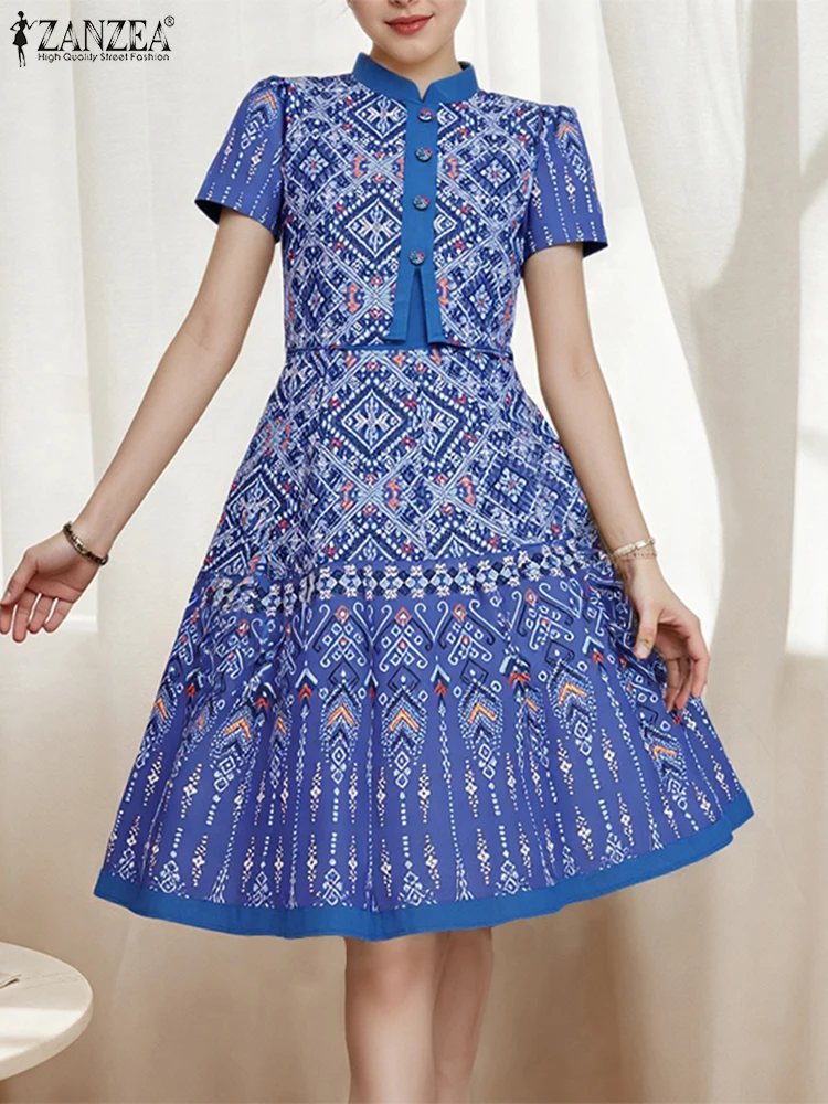 ZANZEA Vintage Geometrische Drucken A-Line Kleid Frauen Gefälschte Zwei-Stück Stehkragen Kurzarm Knie-Länge Roben Urlaub vestidos