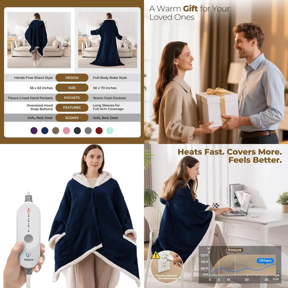 

Heated Electric Throw Blanket with Hood & Pockets, 5 Temperature Settings, Auto-Off, Washable, Certified, 56x63 Navy