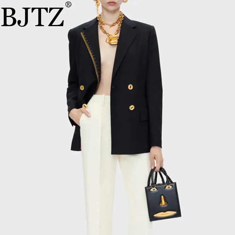 

BJTZ Solid Spliced Button Fashion Blazers For Women Lapel Long Sleeves Patchwork Embroidery Blazer Female Clothing New