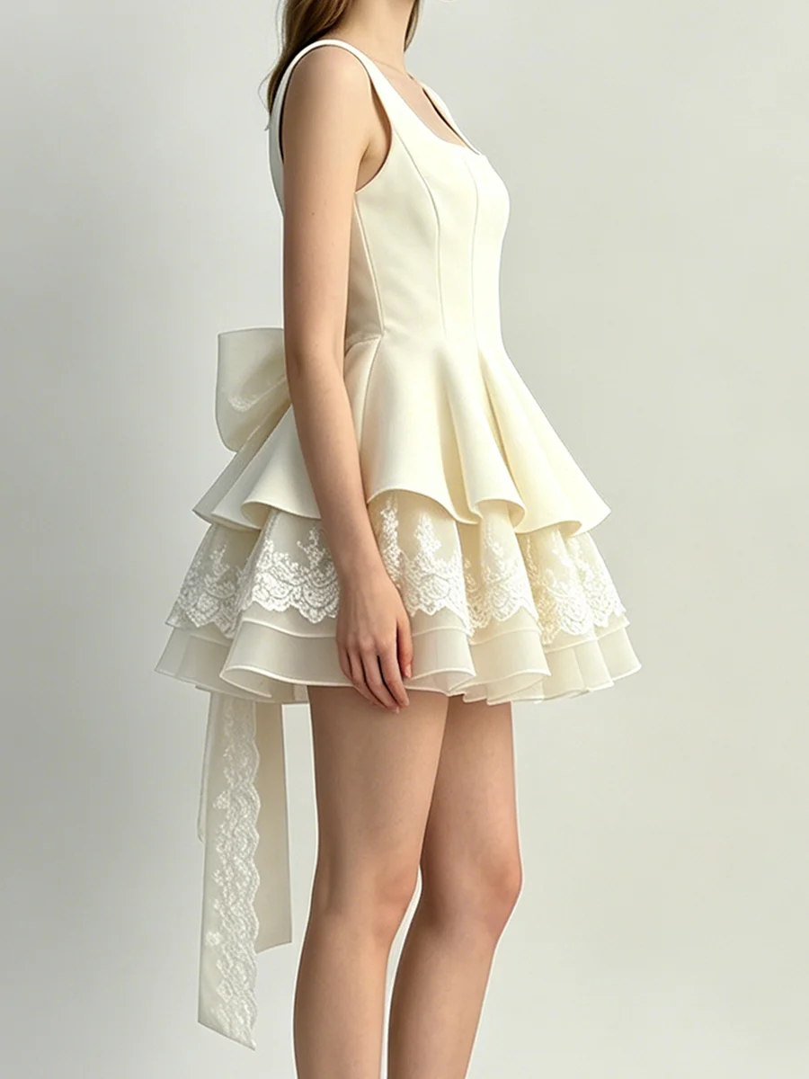 LIMO Women's Square Neck Lace Bow Knot Multi-Layer Cake Dress Elegant Sweet Summer Casual Party Mini Dress