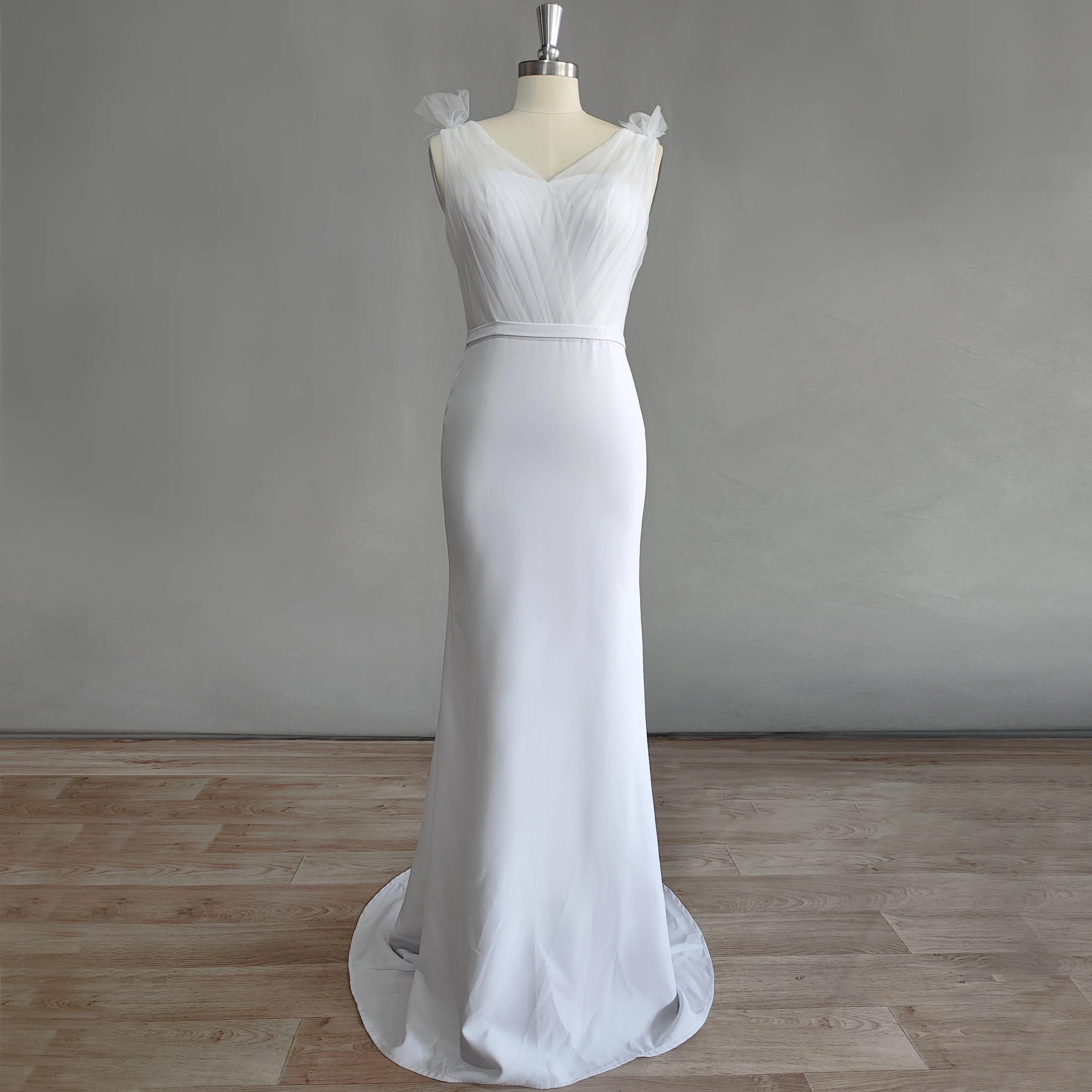 DIDEYTTAWL Real Photo V Neck Crepe Simple Mermaid Wedding Dress Rushed Sleeveless Sweep Train Bridal Gown Custom Made