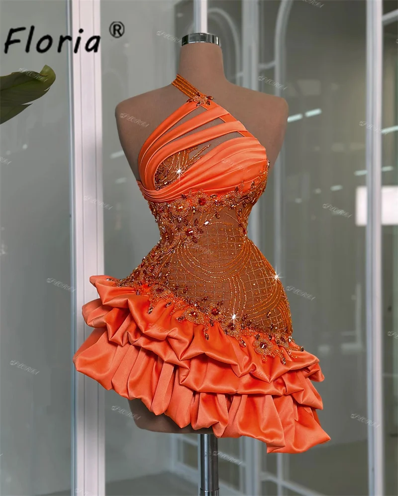 Stunning Beaded Diamond Women Birthday Party Cocktail Gowns Sexy Mini Short Prom Dresses 2024 Orange Chic Vestidos de graduation