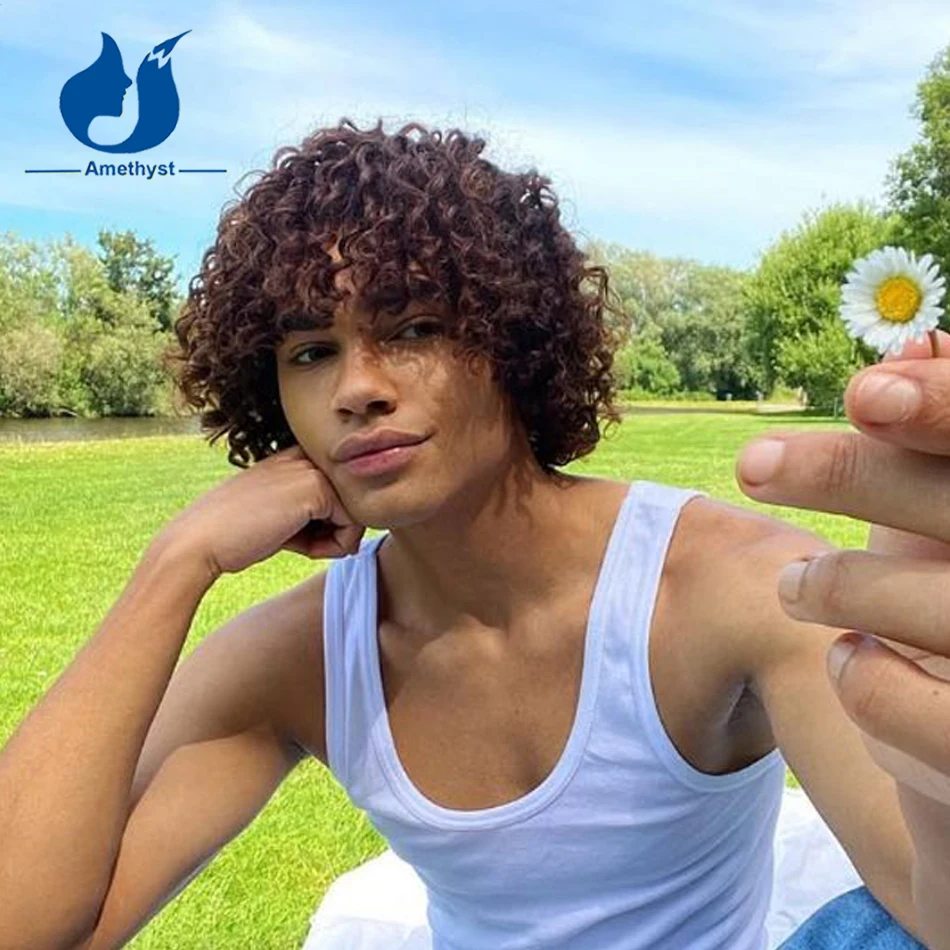 

Amethyst Male Short Dark Brown Curly Bob Wig Human Hair with Bangs Brazilian Full Machine Made Wig O Scalp Top Colored for Men