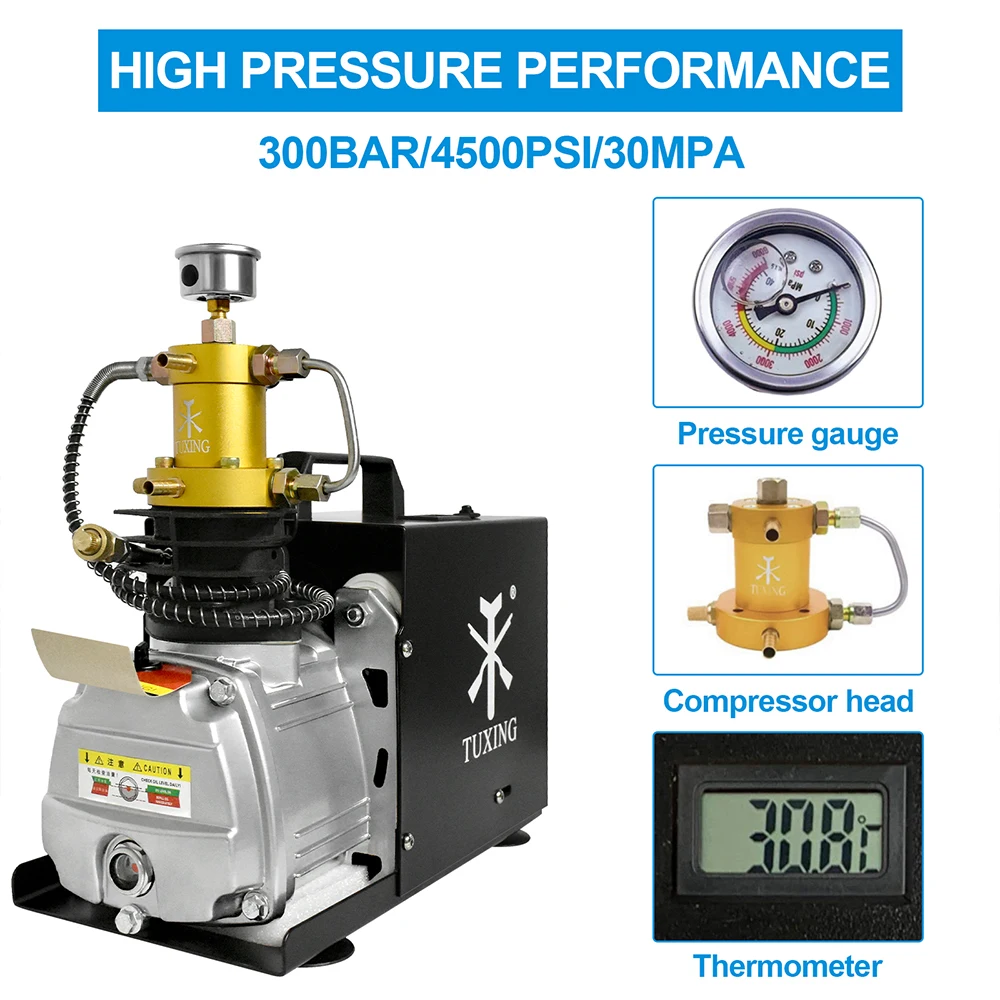 TUXING 300Bar 4500Psi PCP Air Compressor High Pressure Electric Compressor Adjustable Auto Stop for Diving Scuba Tank PCP Rifle