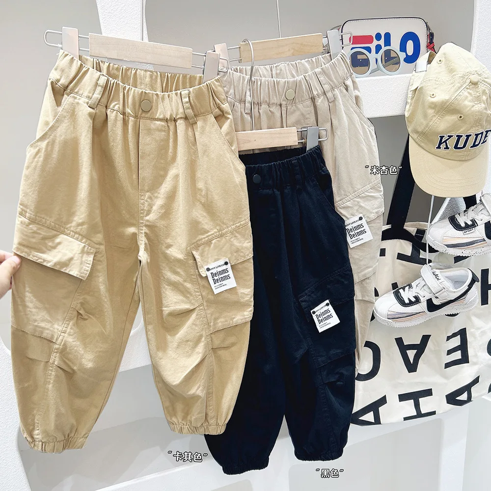 

Student Boy Jogger Pants Spring Autumn New Sticker Solid Kid Boys Cargo Pants Elastic Waist Exterior Handsome Children Boy Pants