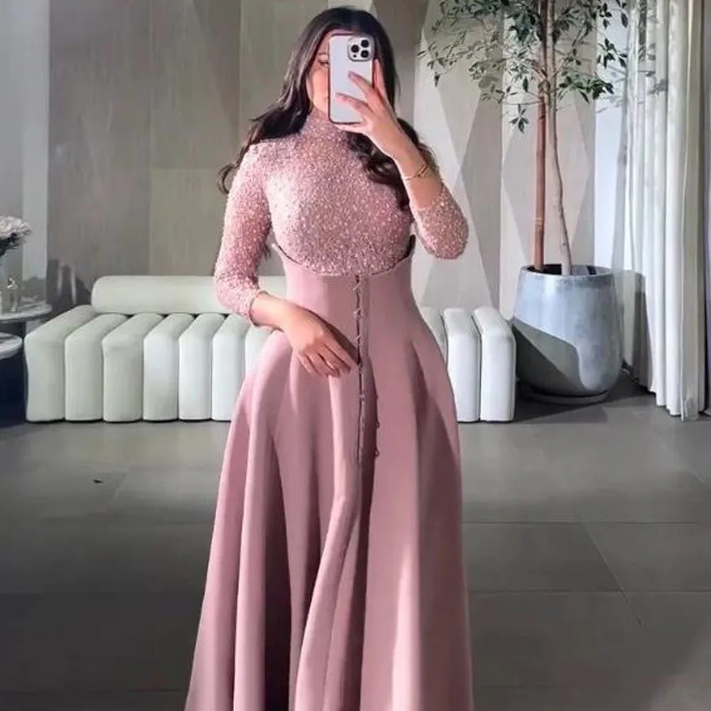 فستان سهرة مخصص مع تنورة علوية مطرزة من الساتان فستان حفلات برقبة عالية 3/4 كم فستان ستان عربي دبي للنساء