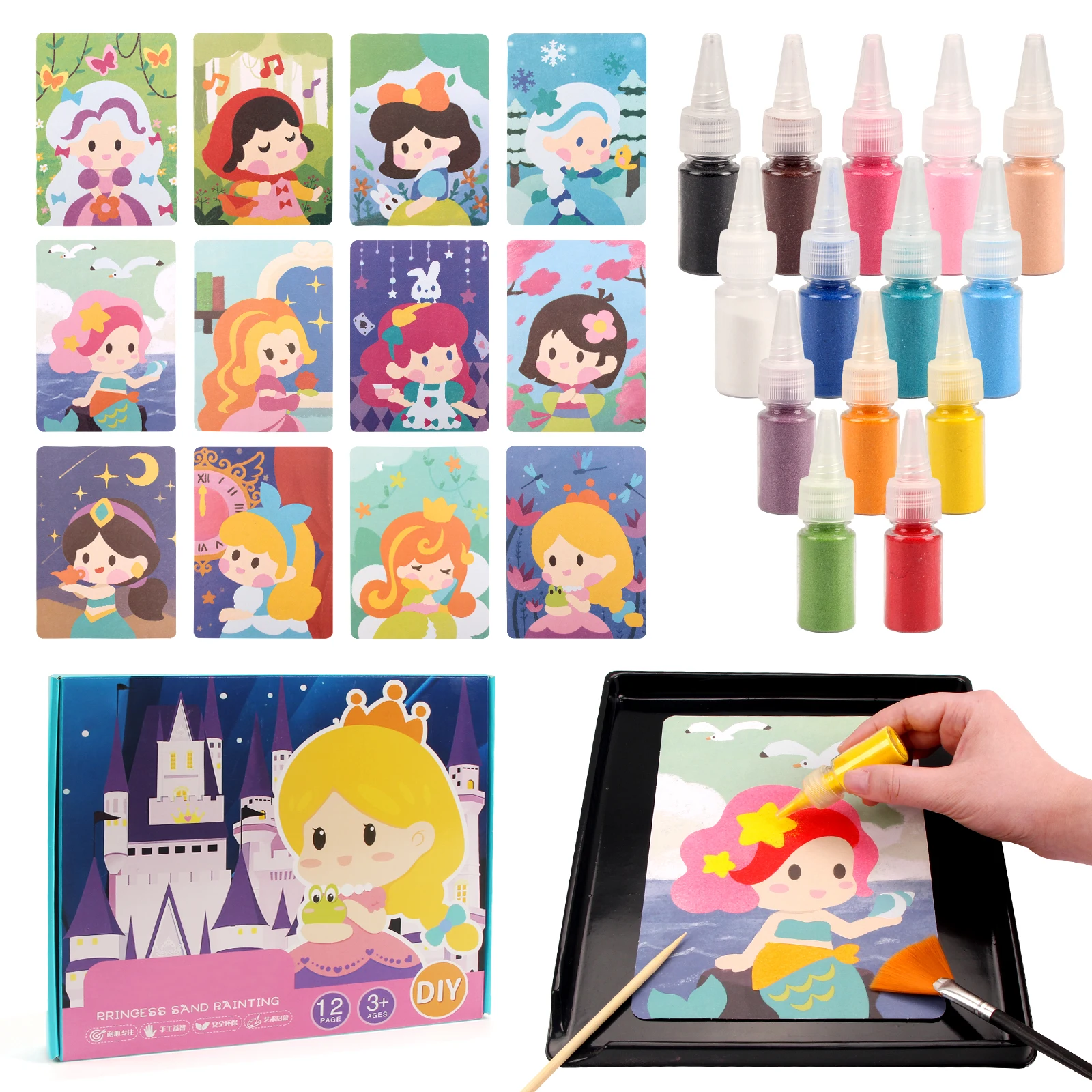 Sand Art Kit DIY Sand Painting Craft 12 Princess Sand Painting Cards 14 Color Montessori Toys Educational Toys For Kids Gifts